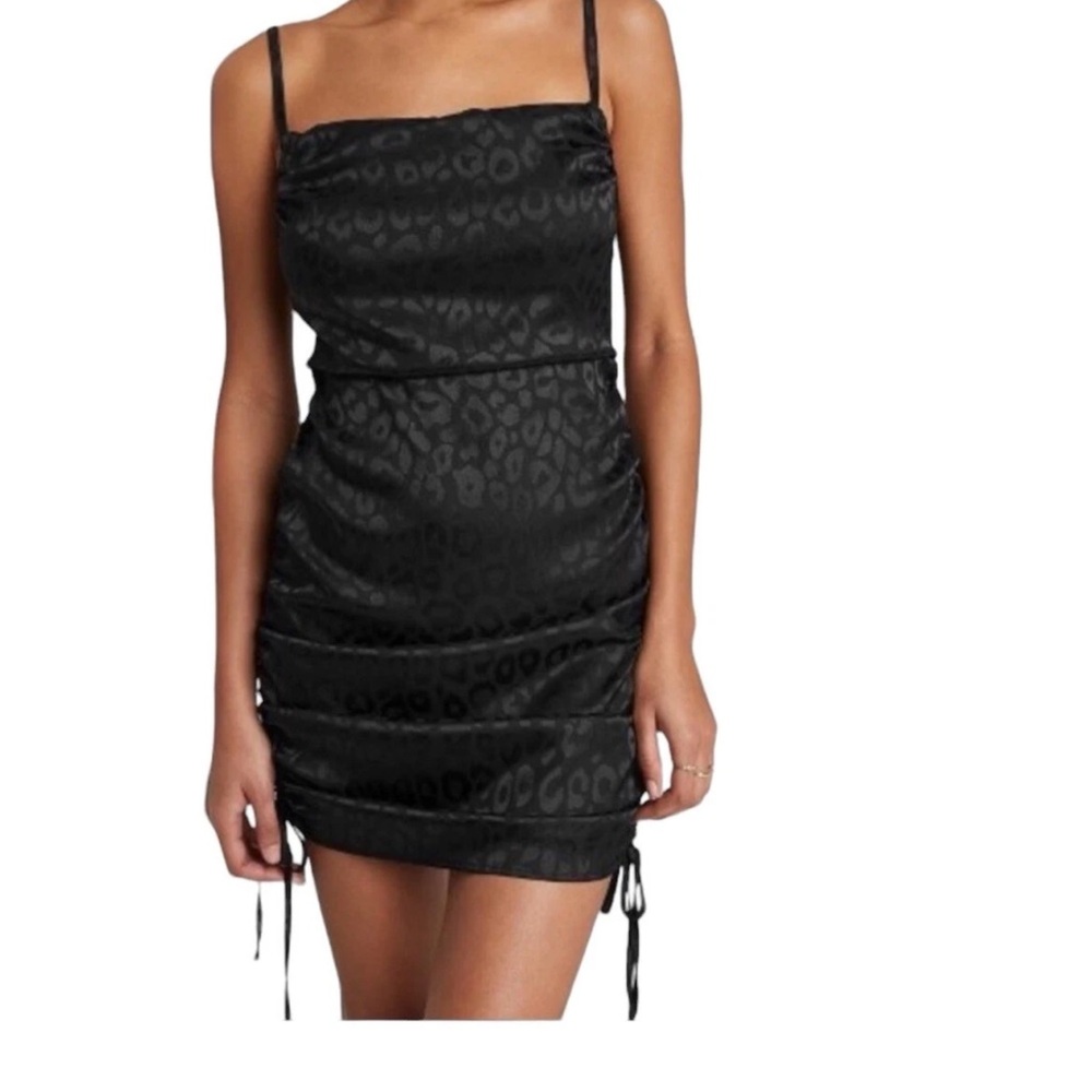 NWT- Wild Fable - Black Leopard Satin Smocked-Back Party Mini Dress